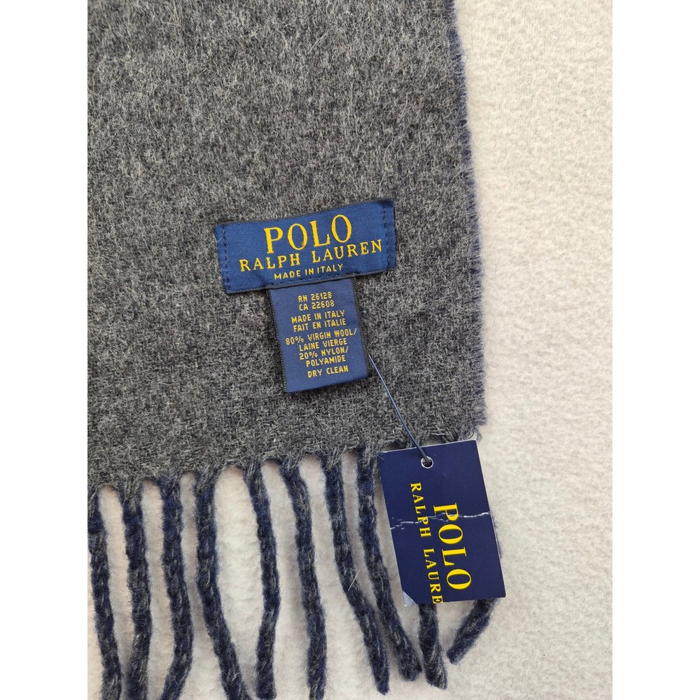 Polo Ralph Lauren Reversible Scarf Navy Blue Grey Virgin Wool ITALY 6F0205 NEW - Picture 5 of 10